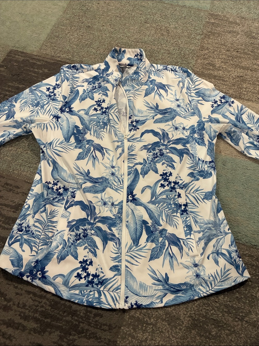 Women's Blue Golf and Tennis Active Floral Zip-Front Jacket
